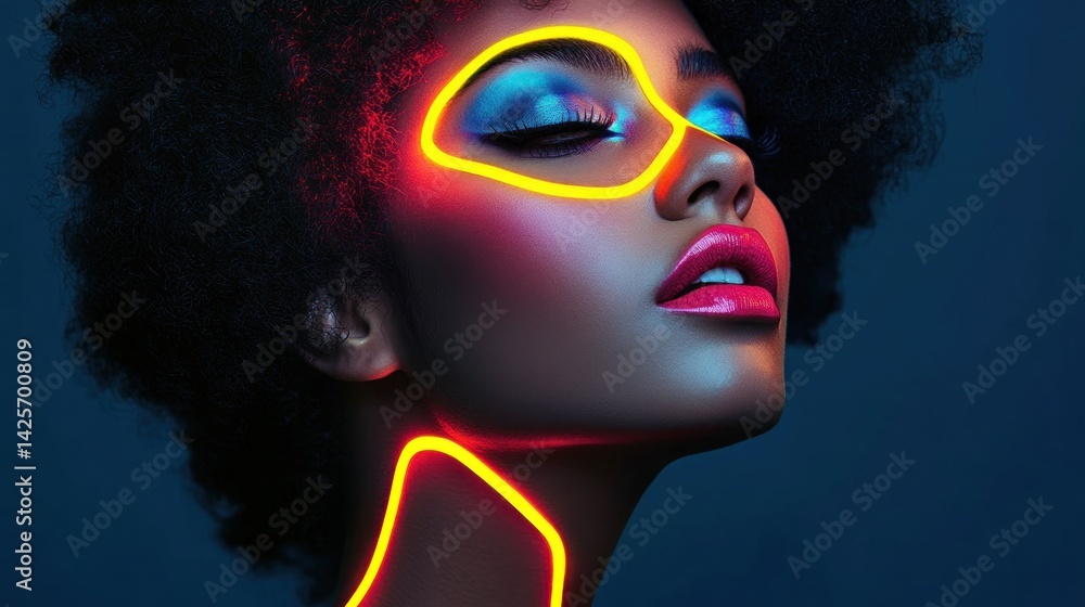Close-up portrait of a young Black woman with neon makeup and afro hairstyle. Close-up portrait of a young Black woman with neon makeup and afro hairstyle.