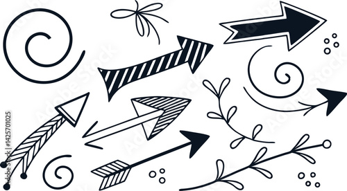 Hand-drawn arrows, doodle elements, black and white illustration, decorative arrows, swirls, hearts, sketchy style, vector graphics, directional symbols, whimsical design, tribal arrows, curly arrows,