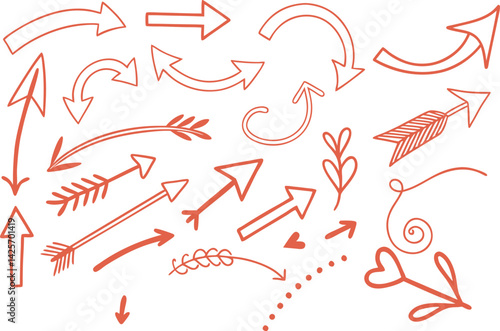Hand-drawn arrows, doodle elements, black and white illustration, decorative arrows, swirls, hearts, sketchy style, vector graphics, directional symbols, whimsical design, tribal arrows, curly arrows,
