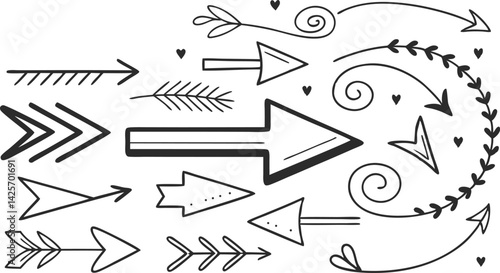 Hand-drawn arrows, doodle style, black and white sketches, directional symbols, curly arrows, straight arrows, arrow variety, simple line art, abstract arrow designs, whimsical arrow shapes, pointing 