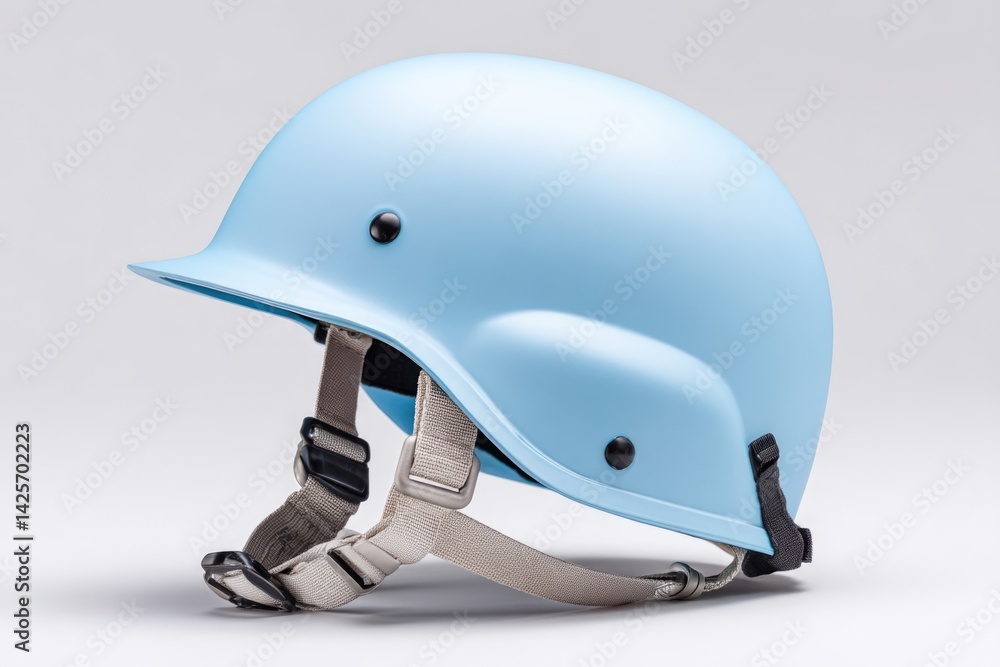 Close-up View of a Light Blue UN Helmet Showcasing Its Design and Features on a Neutral Background Close-up View of a Light Blue UN Helmet Showcasing Its Design and Features on a Neutral Background