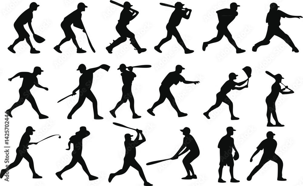 Baseball player silhouettes, dynamic poses, batting stances, pitching motions, black and white, high contrast, athletic figures, action sequence, motion study, sports illustration, vector graphic styl Baseball player silhouettes, dynamic poses, batting stances, pitching motions, black and white, high contrast, athletic figures, action sequence, motion study, sports illustration, vector graphic styl