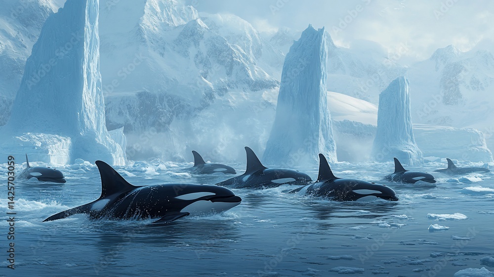 Naklejka premium Orcas swimming amidst Antarctic icebergs