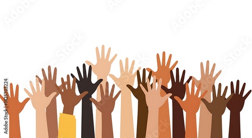 Diverse hands raised in unity signifying inclusivity and collective aspiration