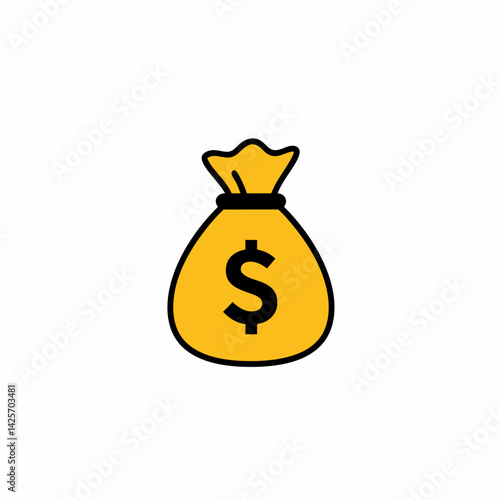 Yellow money bag icon with black dollar sign symbolizing wealth and finance. Vector illustration for currency and saving concept
