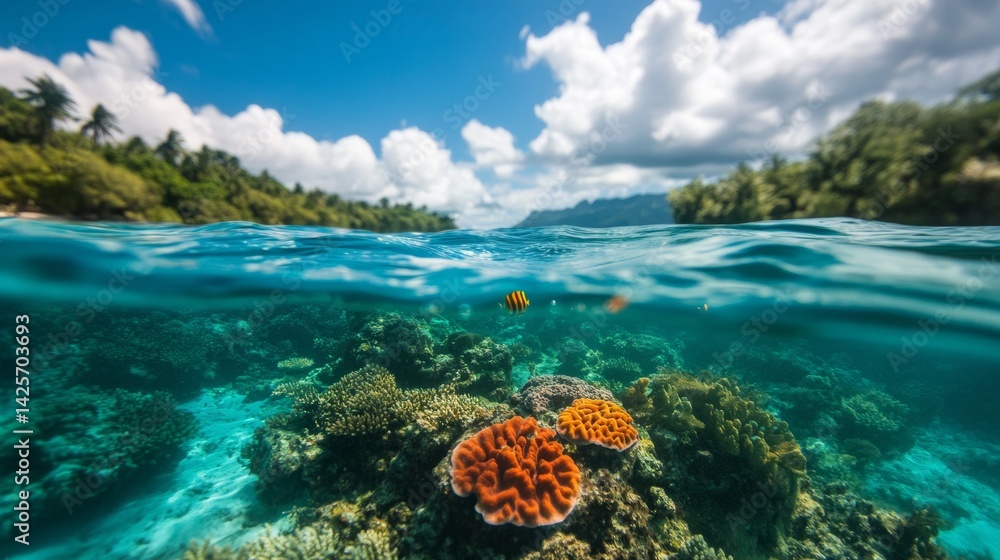 Vibrant marine life thriving in the clear waters of a tropical lagoon, Vibrant marine life thriving in the clear waters of a tropical lagoon,