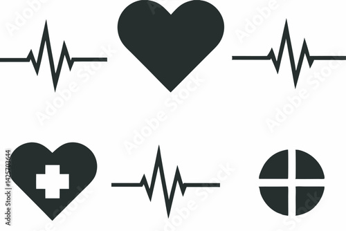Medical health and heart icons with heartbeat vector illustration set