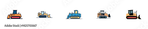 Set of colorful bulldozers in different styles