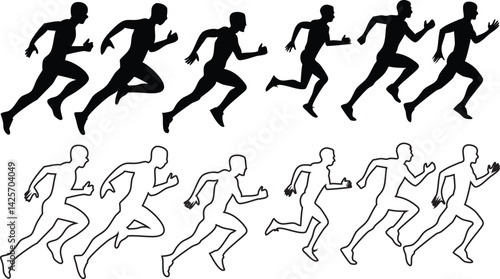 Simplified human figures, black silhouettes, various poses, stick figures, walking poses, running poses, jumping poses, standing poses, dynamic movement, white background, minimal design, pictogram st