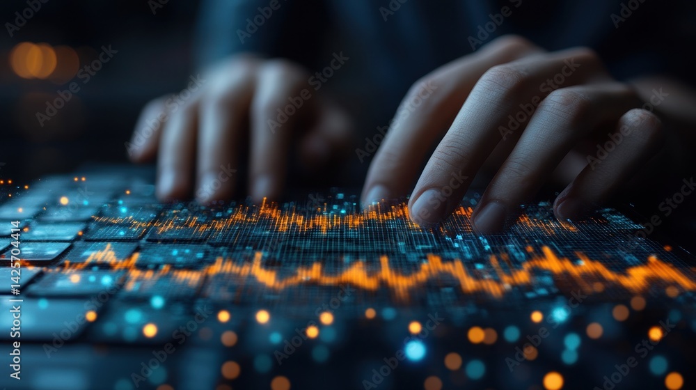 Digital Data Flow: Hands Interacting with Dynamic Data Visualization on a Laptop Keyboard Digital Data Flow: Hands Interacting with Dynamic Data Visualization on a Laptop Keyboard