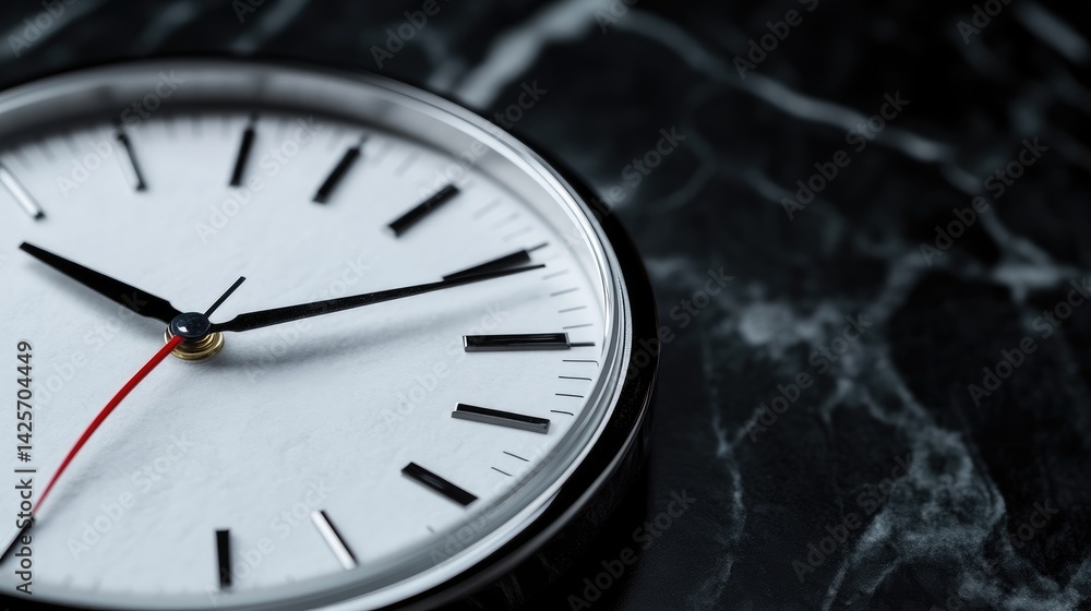 custom made wallpaper toronto digitalClose-up of a modern analog clock on a dark marble surface. Timepiece with white face and black hands. Precise and clean design