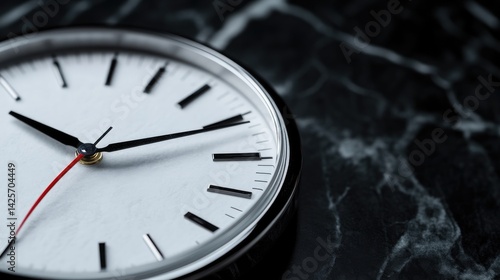 Wallpaper Mural Close-up of a modern analog clock on a dark marble surface. Timepiece with white face and black hands. Precise and clean design Torontodigital.ca