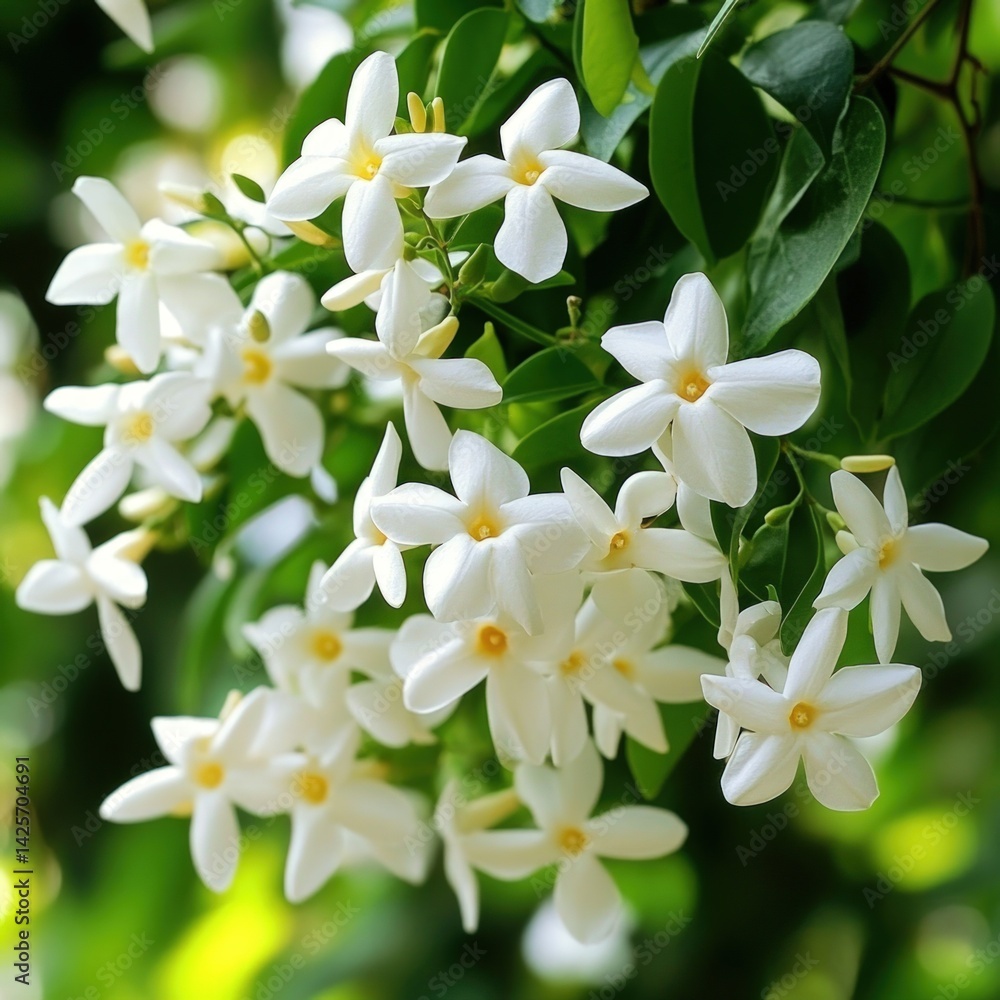 Cluster of small, white flowers. Lush greenery surrounds Cluster of small, white flowers. Lush greenery surrounds