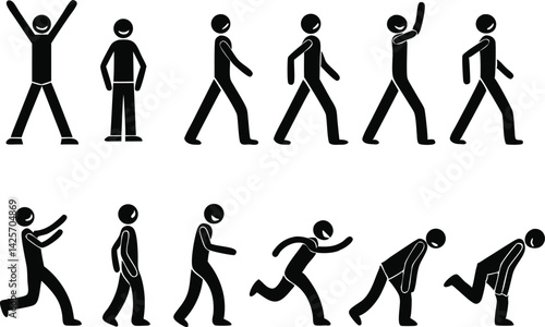 Simplified human figures, black silhouettes, various poses, stick figures, walking poses, running poses, jumping poses, standing poses, dynamic movement, white background, minimal design, pictogram st