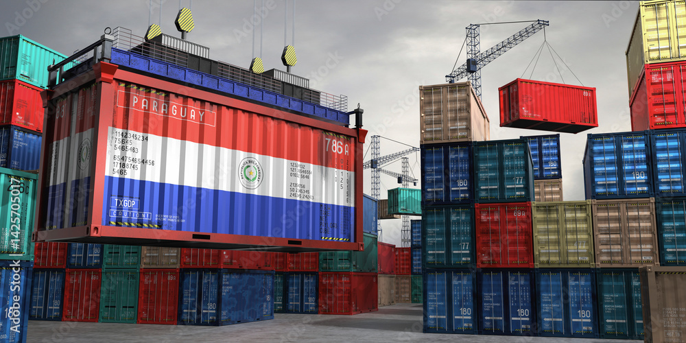Fototapeta premium Cargo container with flag of Paraguay lifted by crane at freight terminal - 3D illustration
