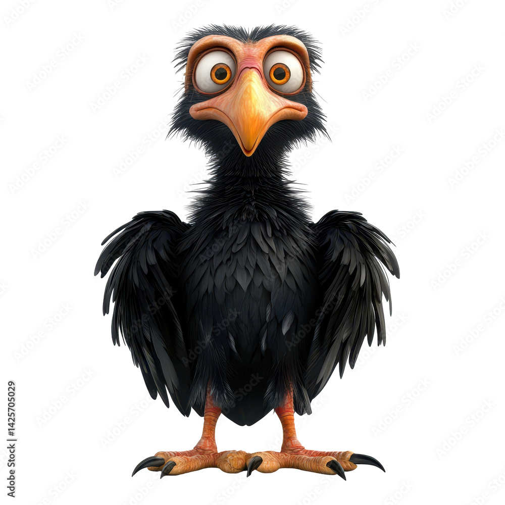 Obraz premium Animated black bird character with a surprised expression standing upright against a plain background