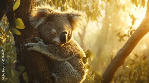 Serene slumber: A koala peacefully rests in the warm glow of the forest