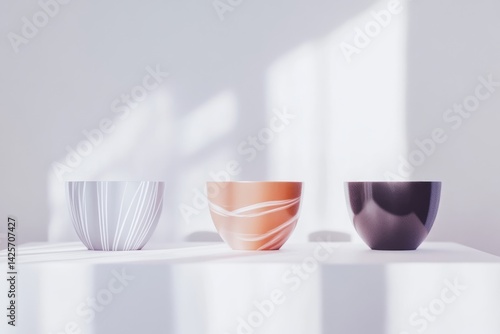Three minimalist, elegant bowls in varying shades of muted tones.  Sunlight casts soft shadows on a white surface