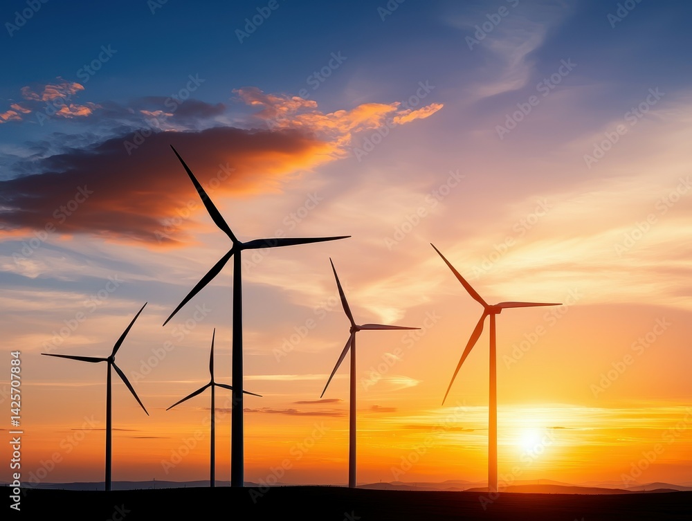 Obraz premium Silhouetted wind turbines against a vibrant sunset sky.