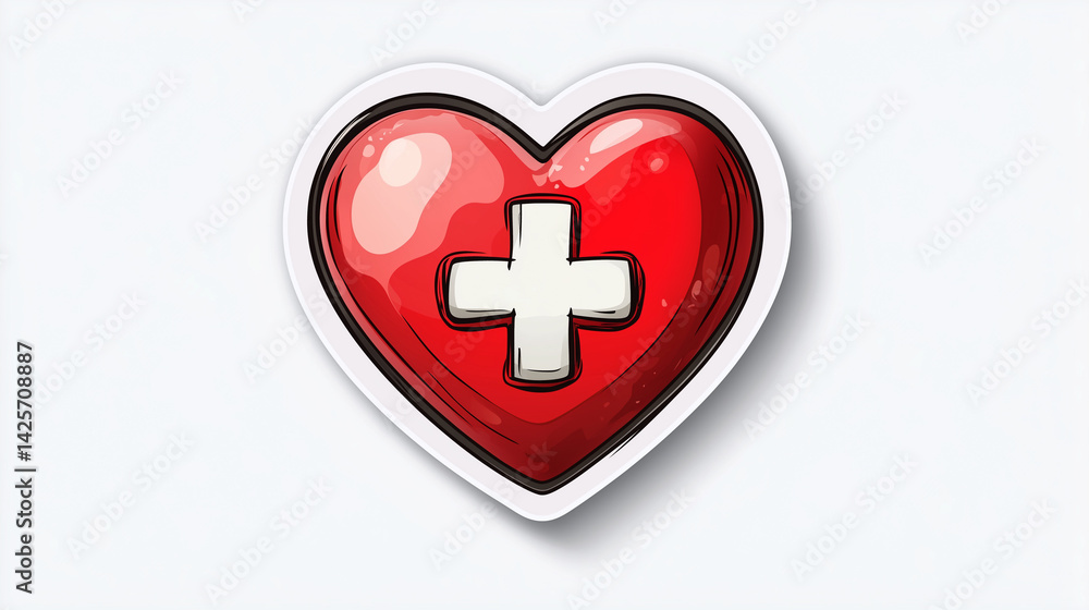 Obraz premium Heart with Bandage Sticker, Small Cartoon Heart with a Band-Aid, Symbolizing Recovery and Heart Care, Medical and Cardiology Awareness Theme, Isolated on White Background, Generated AI
