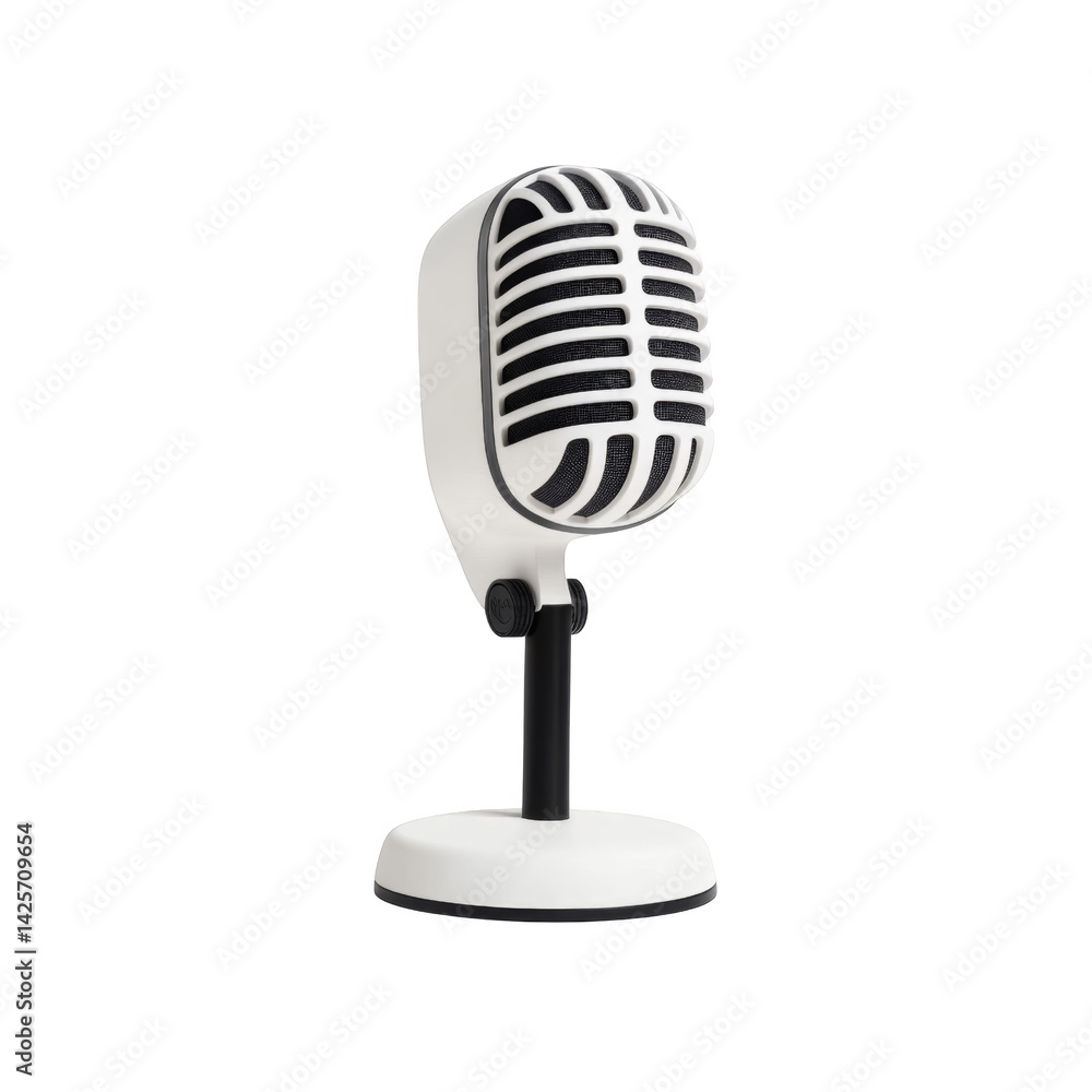 Fototapeta premium Retro White Microphone on Stand Vintage Style Recording Equipment Studio Mic