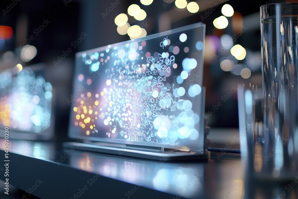 Obraz premium modern display showcasing vibrant digital projection with colorful lights and bokeh effects, creating dynamic atmosphere