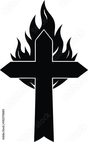 Burning Cross Silhouette. Religious Fire Symbol