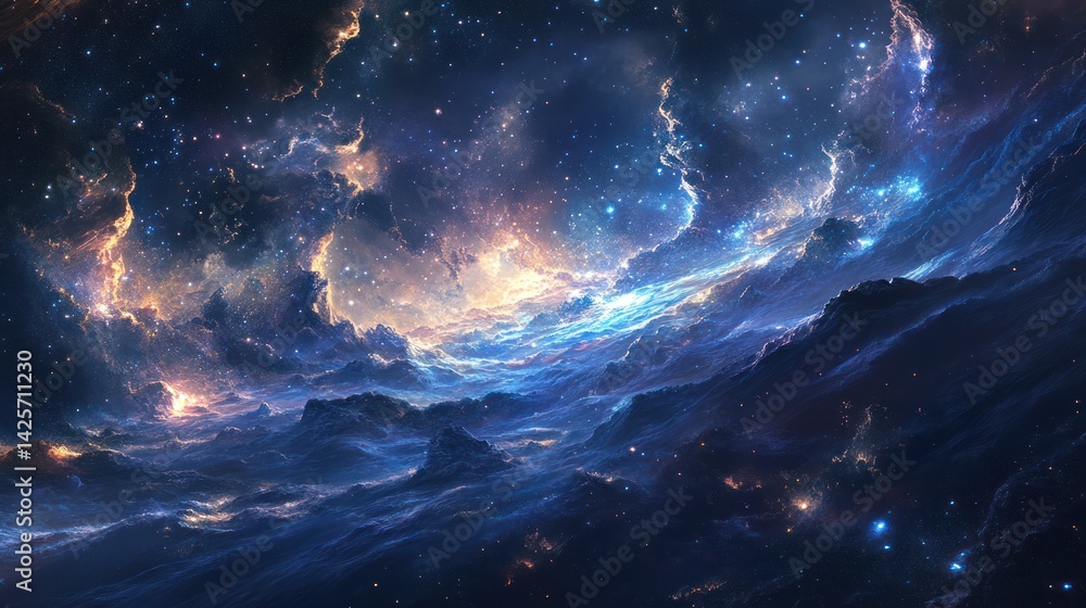 Fototapeta premium Beautiful vibrant celestial nebula filled with shining stars in space