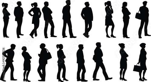 silhouettes, group of people, diverse poses, walking figures, standing figures, black and white, minimalist design, side view, front view, back view, human outlines, urban crowd, lifestyle illustratio
