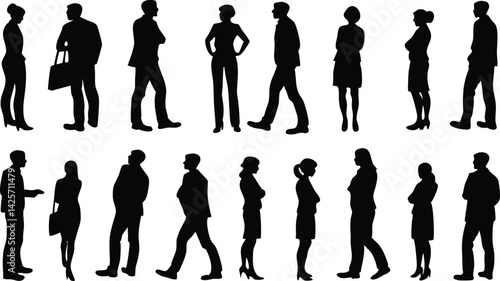 silhouettes, group of people, diverse poses, walking figures, standing figures, black and white, minimalist design, side view, front view, back view, human outlines, urban crowd, lifestyle illustratio