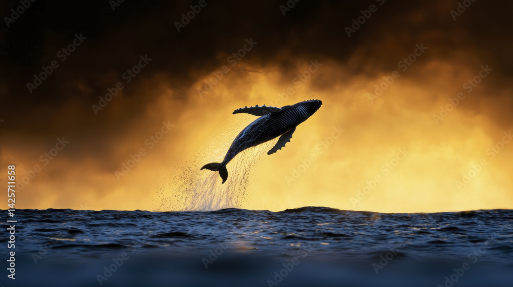 Fototapeta premium humpback whale leaps gracefully out of water against stunning sunset backdrop, creating breathtaking scene