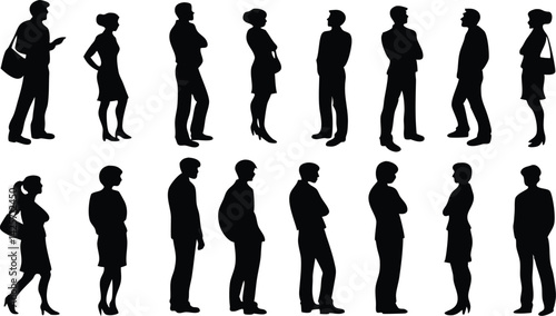silhouettes, group of people, diverse poses, walking figures, standing figures, black and white, minimalist design, side view, front view, back view, human outlines, urban crowd, lifestyle illustratio
