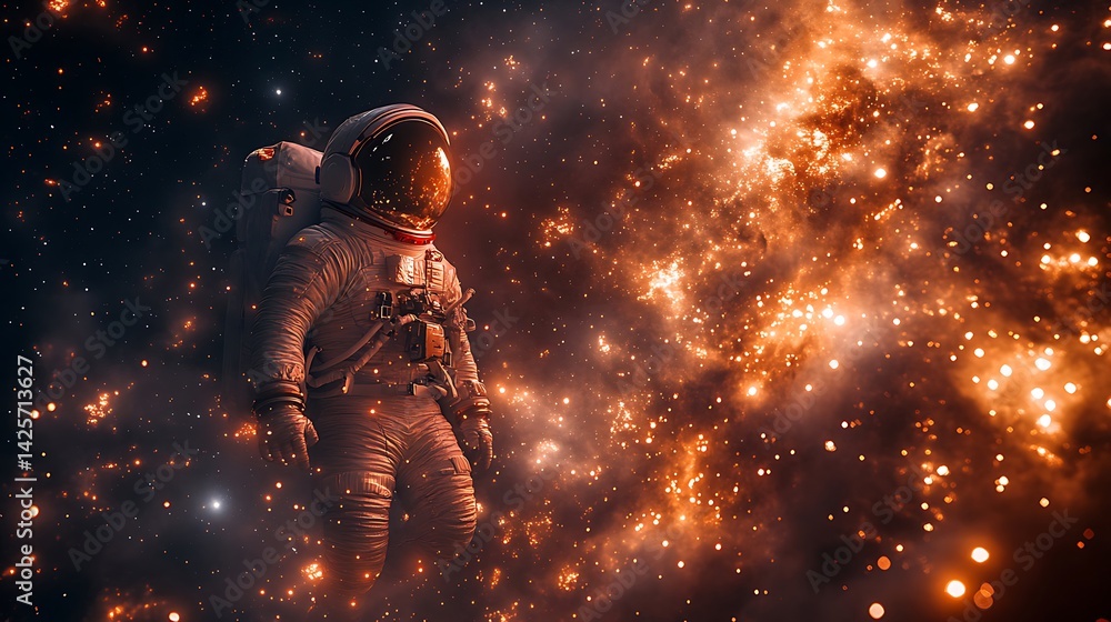 Astronaut amidst a fiery cosmic nebula. Astronaut amidst a fiery cosmic nebula.