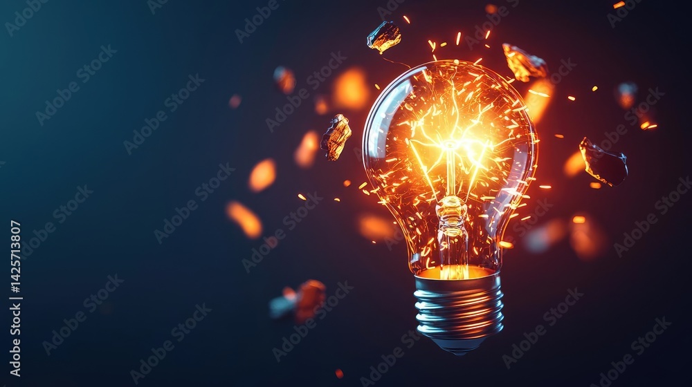 Explosion of lightbulb with conceptual creativity crash concept. A shattered light bulb sparks with energy and creativity. Explosion of lightbulb with conceptual creativity crash concept. A shattered light bulb sparks with energy and creativity.