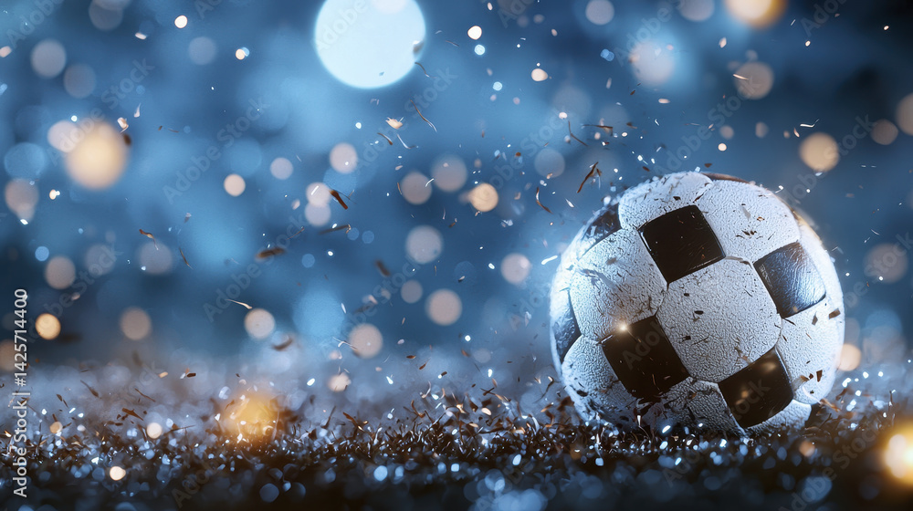 Naklejka premium dynamic soccer ball splashes through water droplets, creating energetic atmosphere filled with excitement and motion