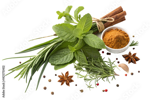 Mix of fresh herbs and spices with cinnamon sticks and powder © PNG King