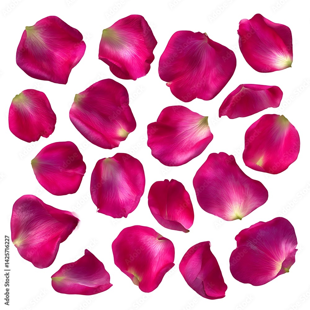 Fototapeta premium A collection of vibrant pink rose petals isolated on a clean white background.