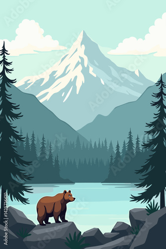 Vector illustration of a brown bear in a forest near a lake with a snow-covered mountain. Wild nature and serenity