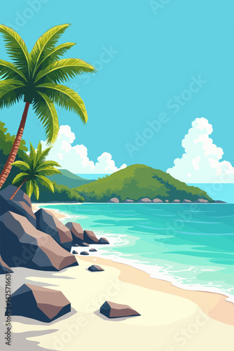 Vector illustration of a tropical beach with palm trees, rocks, and turquoise sea. Peaceful paradise scenery