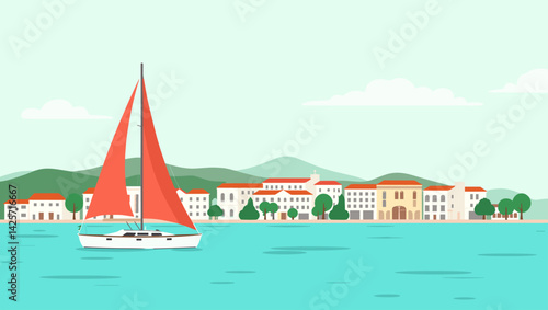Flat vector of a sailboat near a Mediterranean town. Peaceful seascape with white houses and green hills