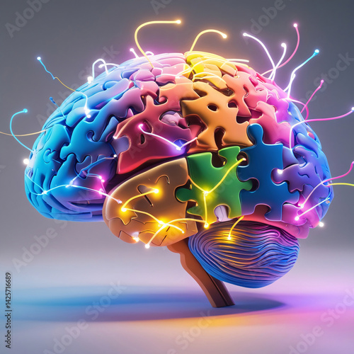 3D brain illustration with brightly colored puzzle pieces and neon connections, representing neurodivergence, inclusion, mental health awareness, and diverse educational perspectives.
