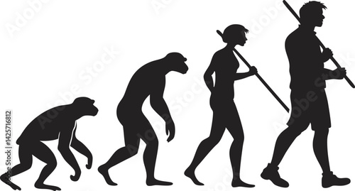 black and white silhouettes, human evolution stages, primate to modern human, ape to man progression, hunting tools development, spear and rifle, minimalist graphic design, scientific illustration sty