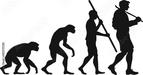 black and white silhouettes, human evolution stages, primate to modern human, ape to man progression, hunting tools development, spear and rifle, minimalist graphic design, scientific illustration sty