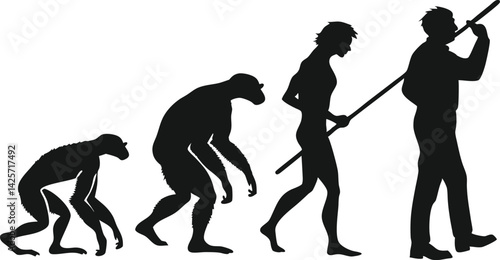 black and white silhouettes, human evolution stages, primate to modern human, ape to man progression, hunting tools development, spear and rifle, minimalist graphic design, scientific illustration sty