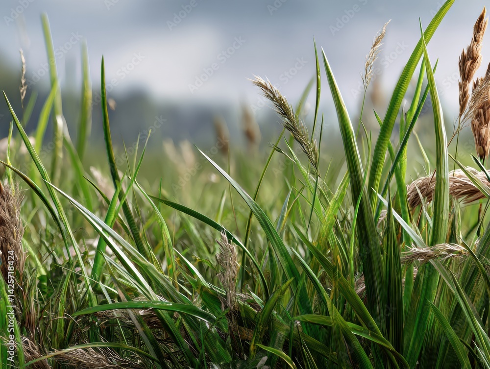 Obraz premium Celebrating World Day to Combat Desertification and Drought with Flourishing Green Grass and Aviary Life