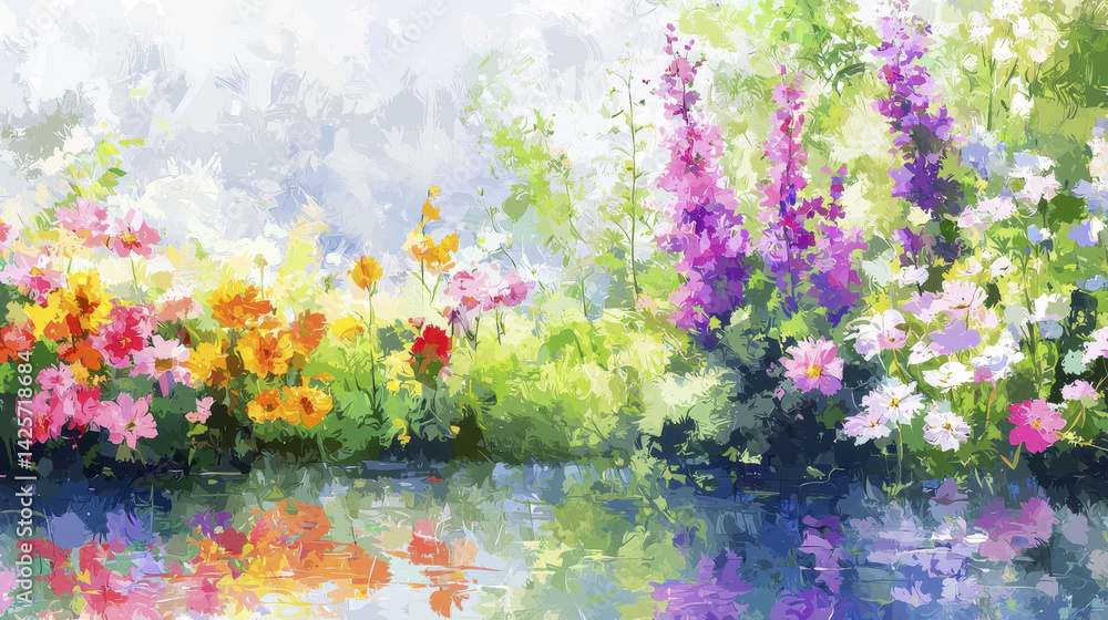 Obraz premium tranquil digital painting of blooming flowers by serene water body, showcasing vibrant colors and peaceful atmosphere