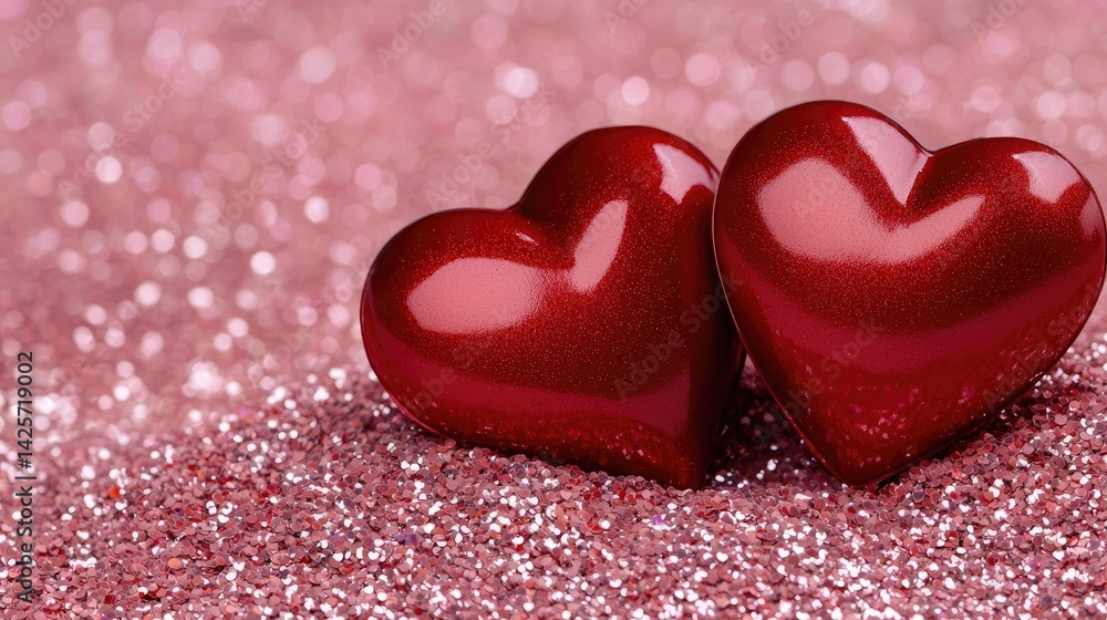 Fototapeta premium Two red hearts on a pink glitter background