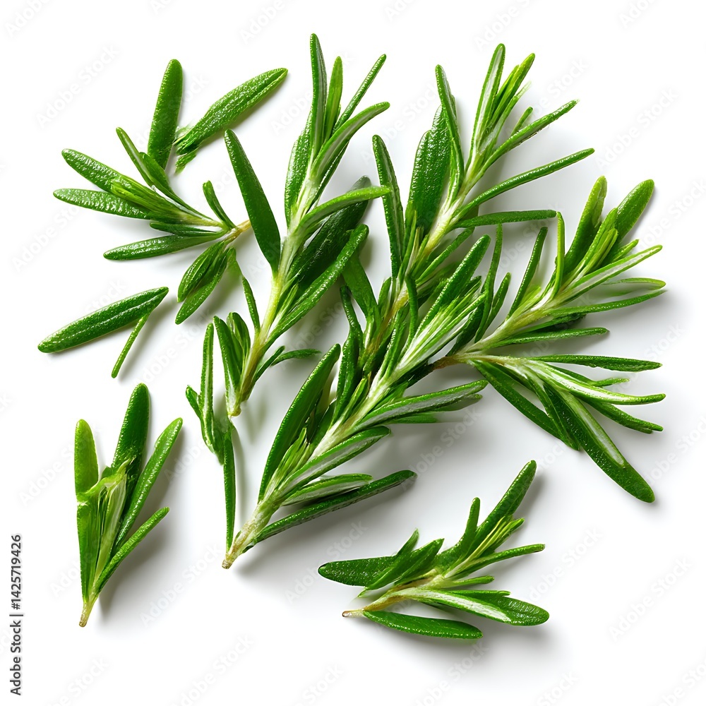 Fototapeta premium A scattering of fresh rosemary leaves, isolated on a clean white background