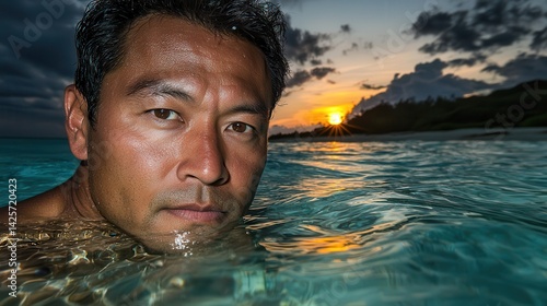 Asian man beach sunset view Man in water at sunset, capturing a serene moment.