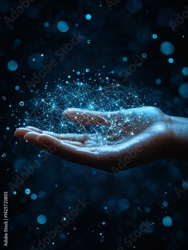 abstract human hand holding a glowing grid of power lines in a futuristic digital background conceptual photography Stock Photo with side copy space